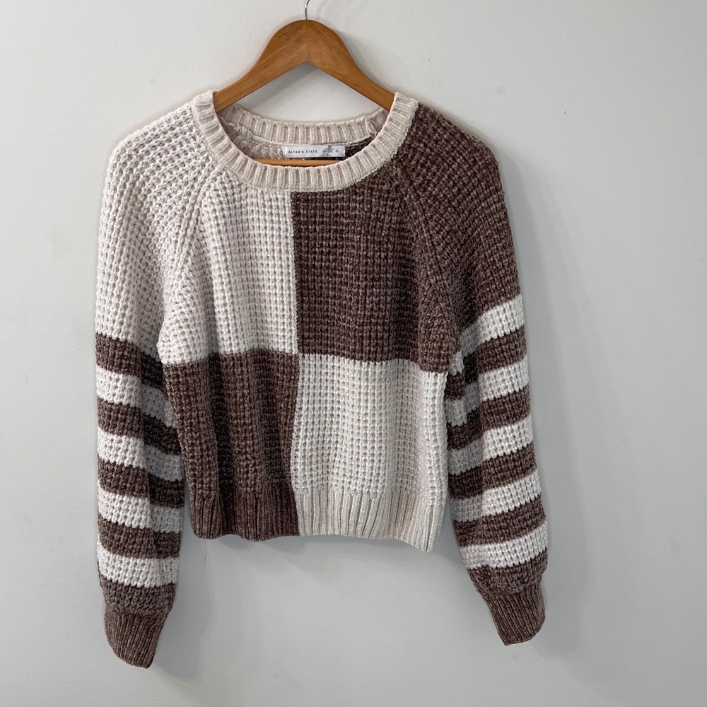 Altar'd State Women's Chenille Waffle Knit Colorblock Sweater Brown Cream XL